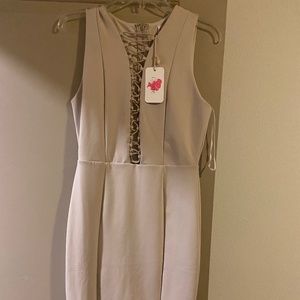 Tan Lace Up Front Bodycon Dress with Slit